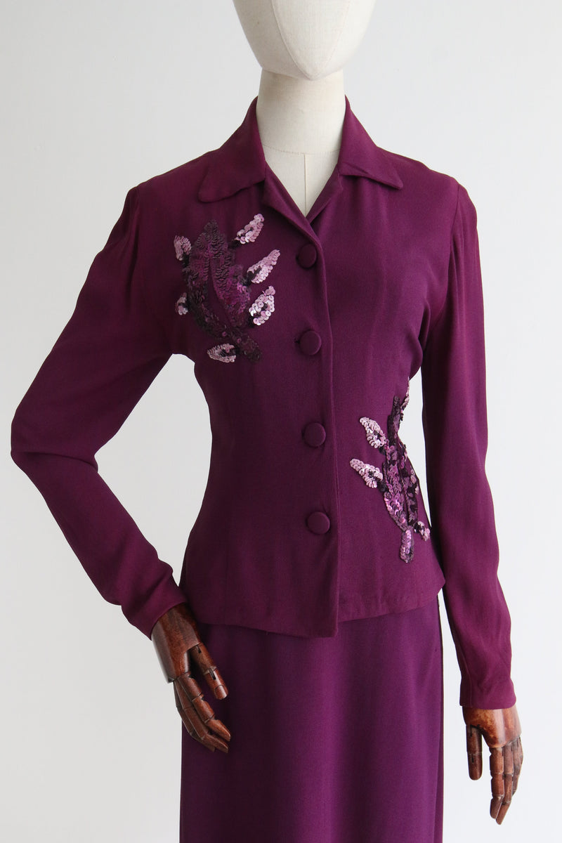 "Violet Sequins" Vintage 1940's Violet Crepe Silk Sequin Suit UK 8 US 4