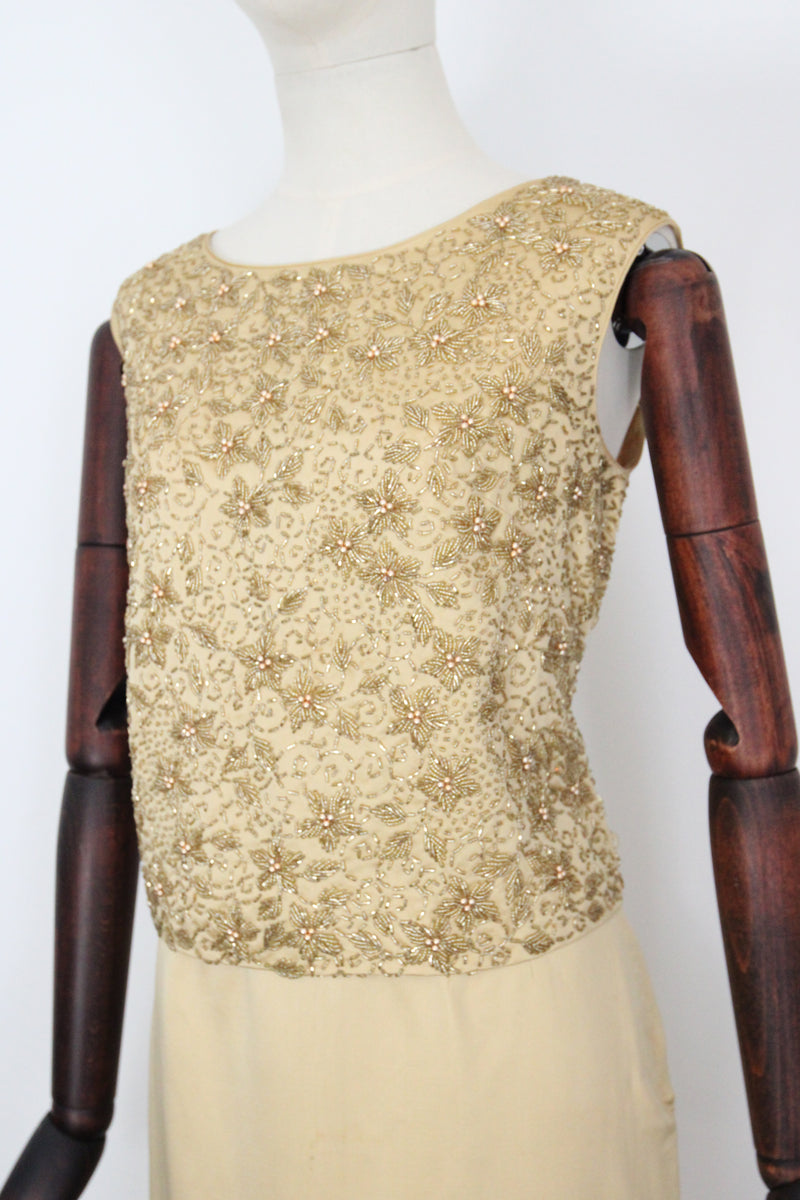 "Gold Satin & Beads" Vintage 1960's Gold Satin & Beaded Blouse & Skirt Set UK 8-10 US 4-6