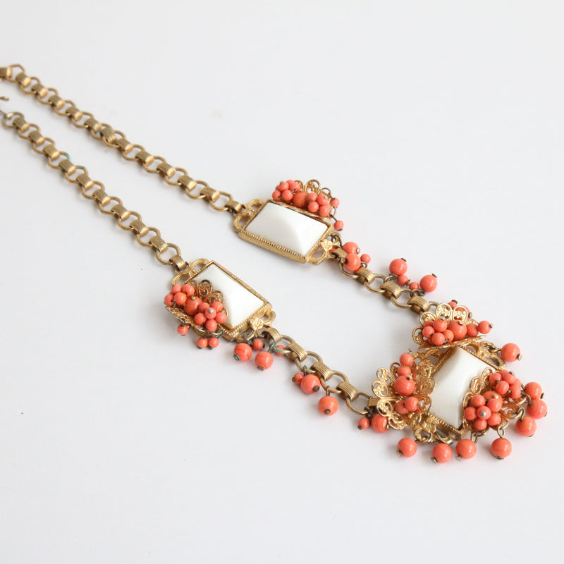 "Coral & Milk Glass" Vintage 1940's Gold Filigrée, Milk Glass & Coral Bead Statement Necklace