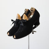 "Ribbon Stitches" Vintage 1940's Black Suede Lace Up Peep Toe Heels UK 4 US 6 EU 37