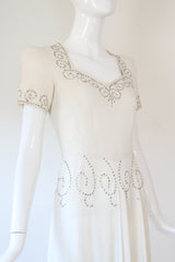 "Ivory Silk & Rhinestones" Vintage 1940's Ivory Crepe Silk & Rhinestone Embellished Gown UK 8 US 4