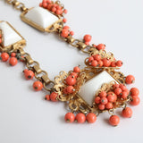 "Coral & Milk Glass" Vintage 1940's Gold Filigrée, Milk Glass & Coral Bead Statement Necklace