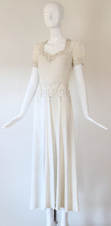 "Ivory Silk & Rhinestones" Vintage 1940's Ivory Crepe Silk & Rhinestone Embellished Gown UK 8 US 4