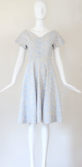 "La Parisienne" Vintage 1950's Pale Blue & Cream Embroidered Dress UK 6-8 US 2-4