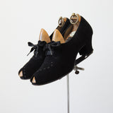 "Ribbon Stitches" Vintage 1940's Black Suede Lace Up Peep Toe Heels UK 4 US 6 EU 37
