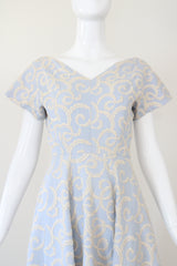 "La Parisienne" Vintage 1950's Pale Blue & Cream Embroidered Dress UK 6-8 US 2-4