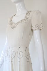 "Ivory Silk & Rhinestones" Vintage 1940's Ivory Crepe Silk & Rhinestone Embellished Gown UK 8 US 4