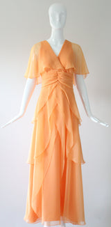"Apricot Petals" Vintage 1960's Apricot Chiffon Tiered Dress UK 10 US 6