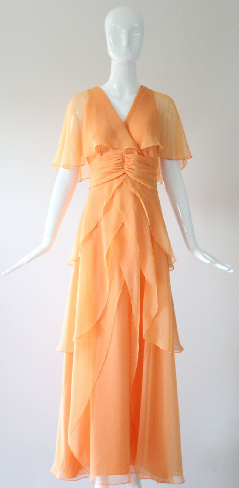 "Apricot Petals" Vintage 1960's Apricot Chiffon Tiered Dress UK 10 US 6