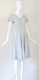 "La Parisienne" Vintage 1950's Pale Blue & Cream Embroidered Dress UK 6-8 US 2-4