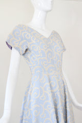 "La Parisienne" Vintage 1950's Pale Blue & Cream Embroidered Dress UK 6-8 US 2-4