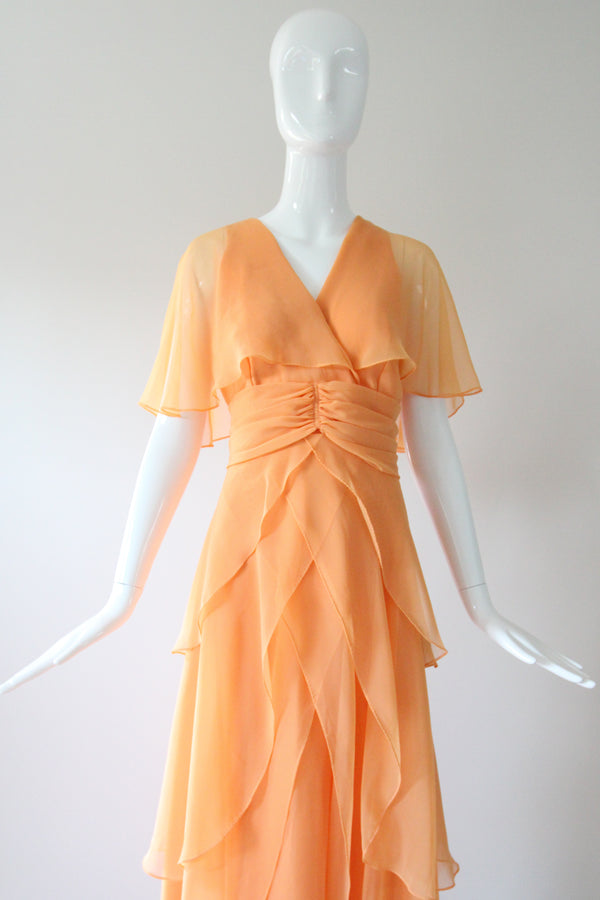 "Apricot Petals" Vintage 1960's Apricot Chiffon Tiered Dress UK 10 US 6