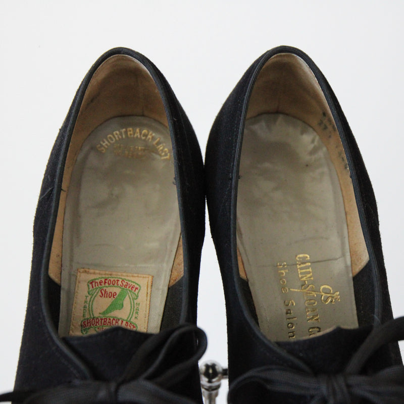 "Ribbon Stitches" Vintage 1940's Black Suede Lace Up Peep Toe Heels UK 4 US 6 EU 37