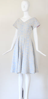 "La Parisienne" Vintage 1950's Pale Blue & Cream Embroidered Dress UK 6-8 US 2-4