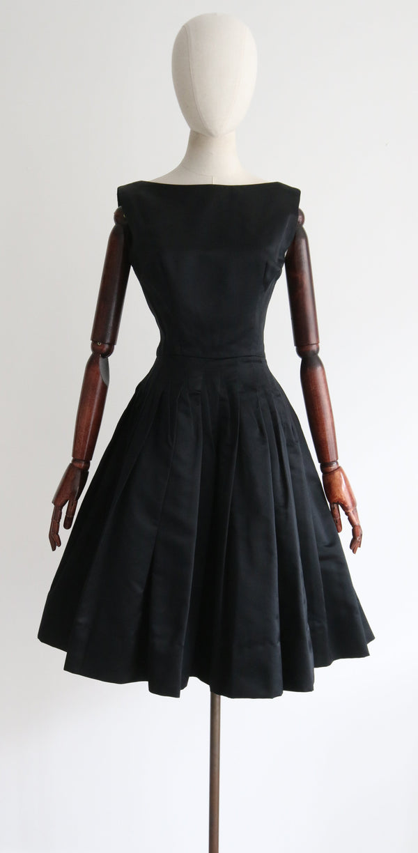 "Black Satin Seams" Vintage 1950's Black Satin Pointed Seam Dress UK 8 US 4