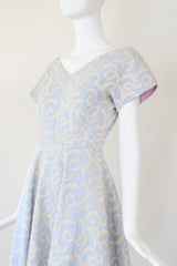 "La Parisienne" Vintage 1950's Pale Blue & Cream Embroidered Dress UK 6-8 US 2-4