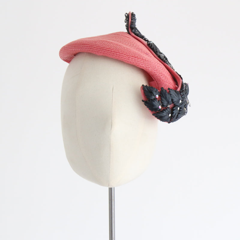 "Cascading Leaves" Vintage 1940's Coral Pink Straw, Navy & Iridescent Rhinestone Hat