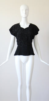 "Soutache & Studs" Vintage 1940's Black Soutache and Stud Embellished Blouse UK 10 US 6