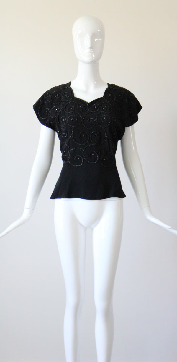 "Soutache & Studs" Vintage 1940's Black Soutache and Stud Embellished Blouse UK 10 US 6