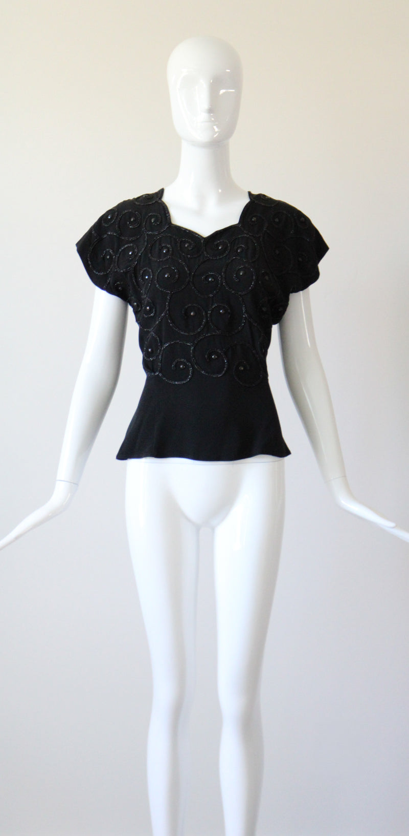 "Soutache & Studs" Vintage 1940's Black Soutache and Stud Embellished Blouse UK 10 US 6