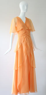 "Apricot Petals" Vintage 1960's Apricot Chiffon Tiered Dress UK 10 US 6