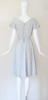 "La Parisienne" Vintage 1950's Pale Blue & Cream Embroidered Dress UK 6-8 US 2-4