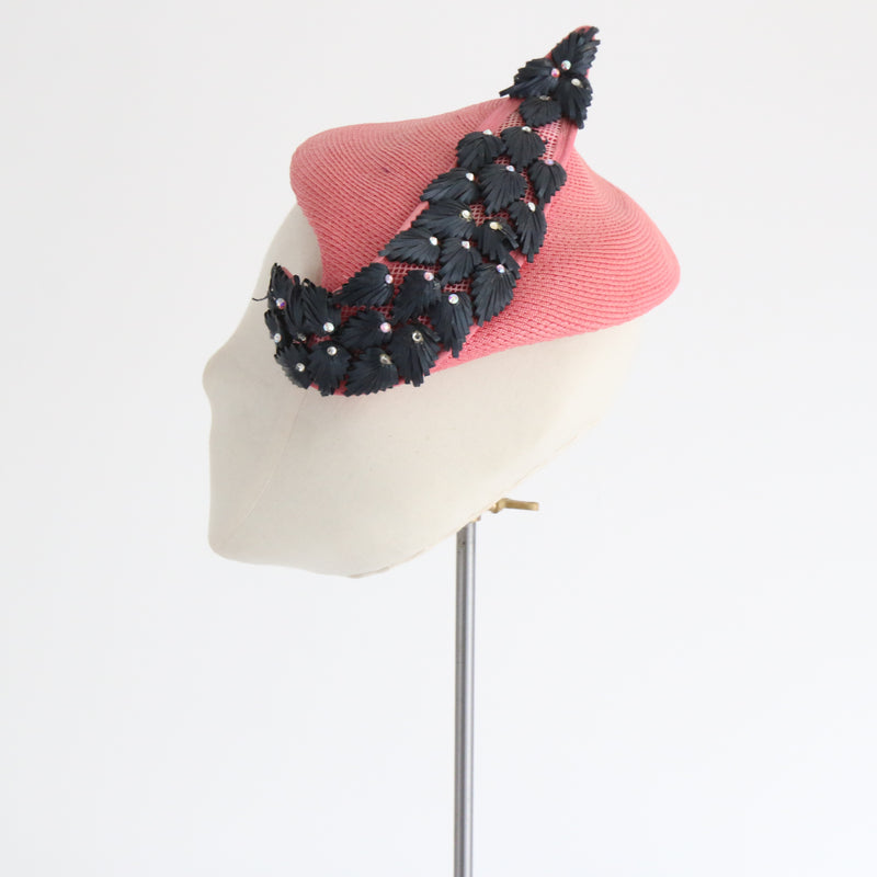 "Cascading Leaves" Vintage 1940's Coral Pink Straw, Navy & Iridescent Rhinestone Hat