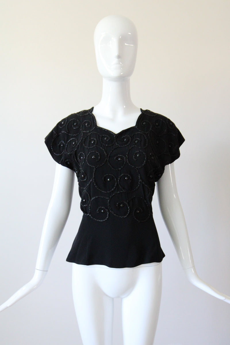 "Soutache & Studs" Vintage 1940's Black Soutache and Stud Embellished Blouse UK 10 US 6