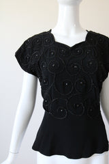 "Soutache & Studs" Vintage 1940's Black Soutache and Stud Embellished Blouse UK 10 US 6