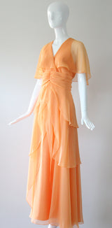 "Apricot Petals" Vintage 1960's Apricot Chiffon Tiered Dress UK 10 US 6