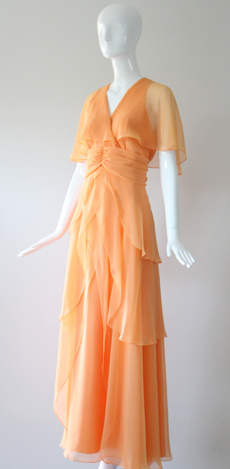 "Apricot Petals" Vintage 1960's Apricot Chiffon Tiered Dress UK 10 US 6