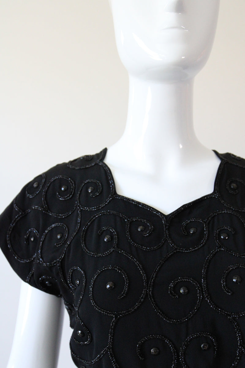 "Soutache & Studs" Vintage 1940's Black Soutache and Stud Embellished Blouse UK 10 US 6