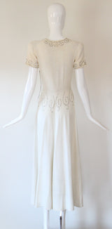 "Ivory Silk & Rhinestones" Vintage 1940's Ivory Crepe Silk & Rhinestone Embellished Gown UK 8 US 4