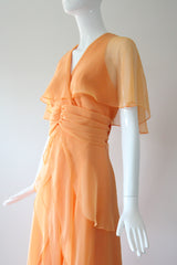 "Apricot Petals" Vintage 1960's Apricot Chiffon Tiered Dress UK 10 US 6