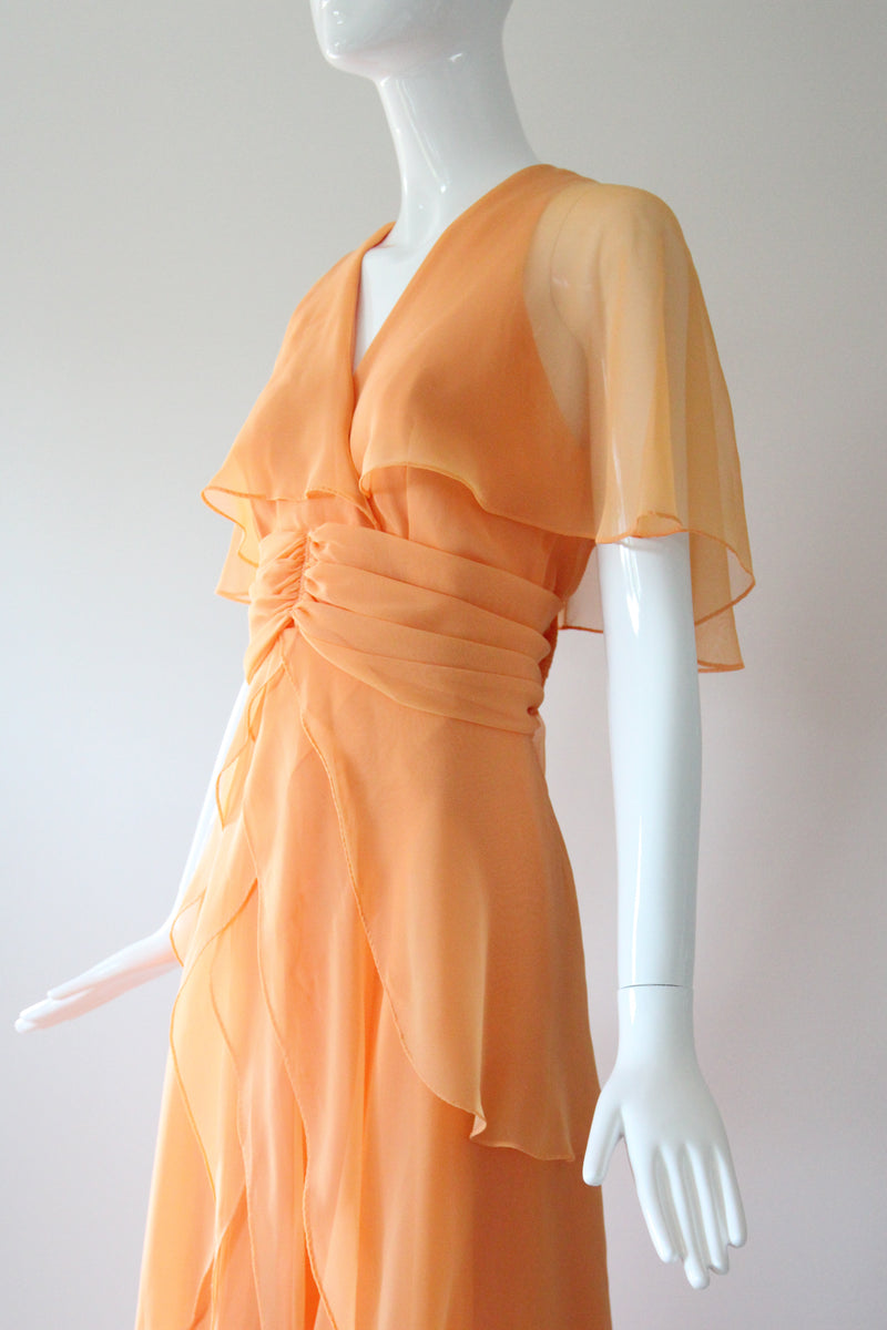 "Apricot Petals" Vintage 1960's Apricot Chiffon Tiered Dress UK 10 US 6