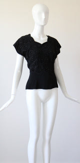 "Soutache & Studs" Vintage 1940's Black Soutache and Stud Embellished Blouse UK 10 US 6