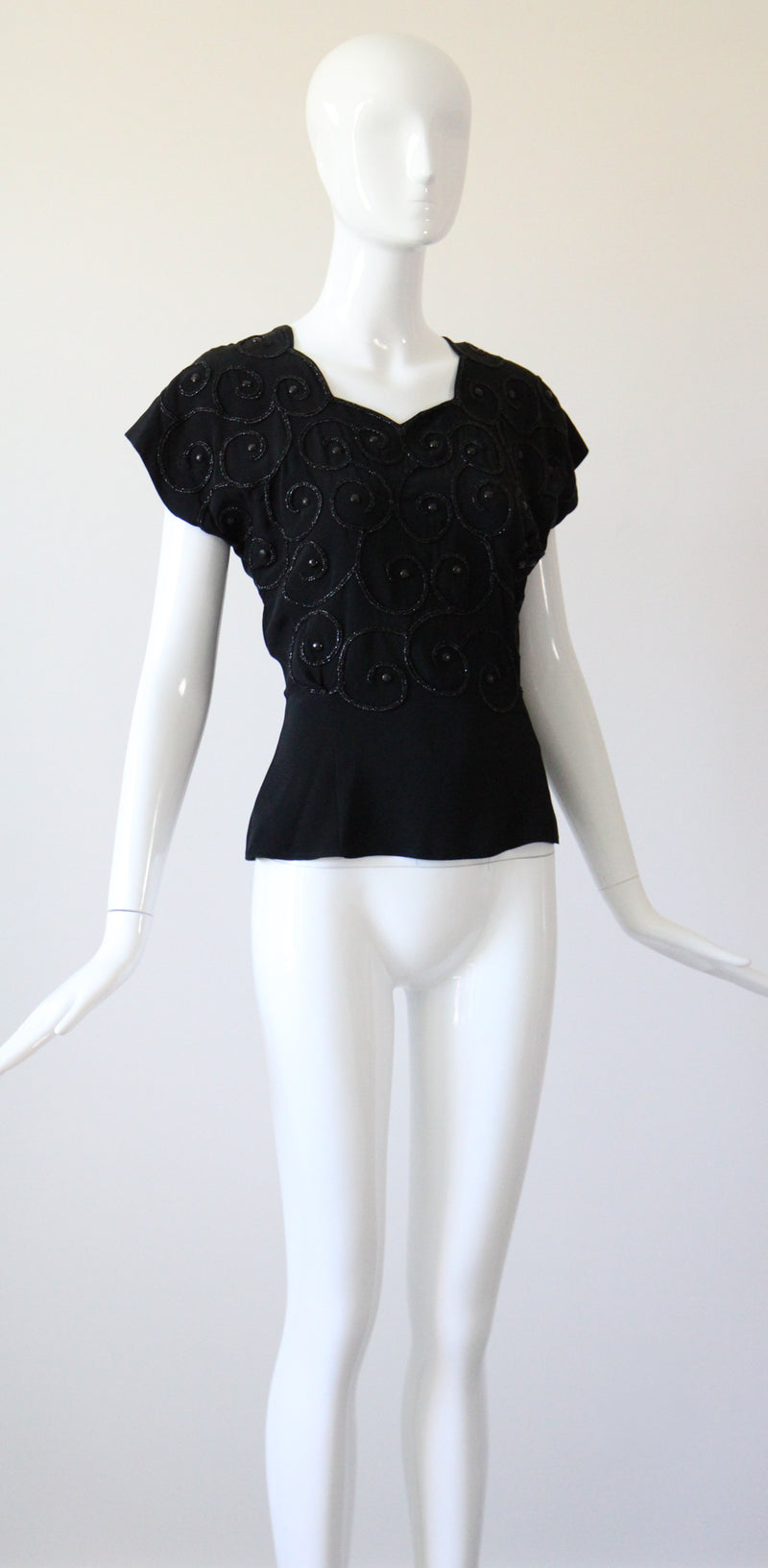 "Soutache & Studs" Vintage 1940's Black Soutache and Stud Embellished Blouse UK 10 US 6