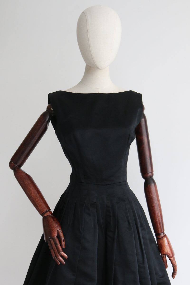 "Black Satin Seams" Vintage 1950's Black Satin Pointed Seam Dress UK 8 US 4