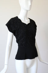 "Soutache & Studs" Vintage 1940's Black Soutache and Stud Embellished Blouse UK 10 US 6
