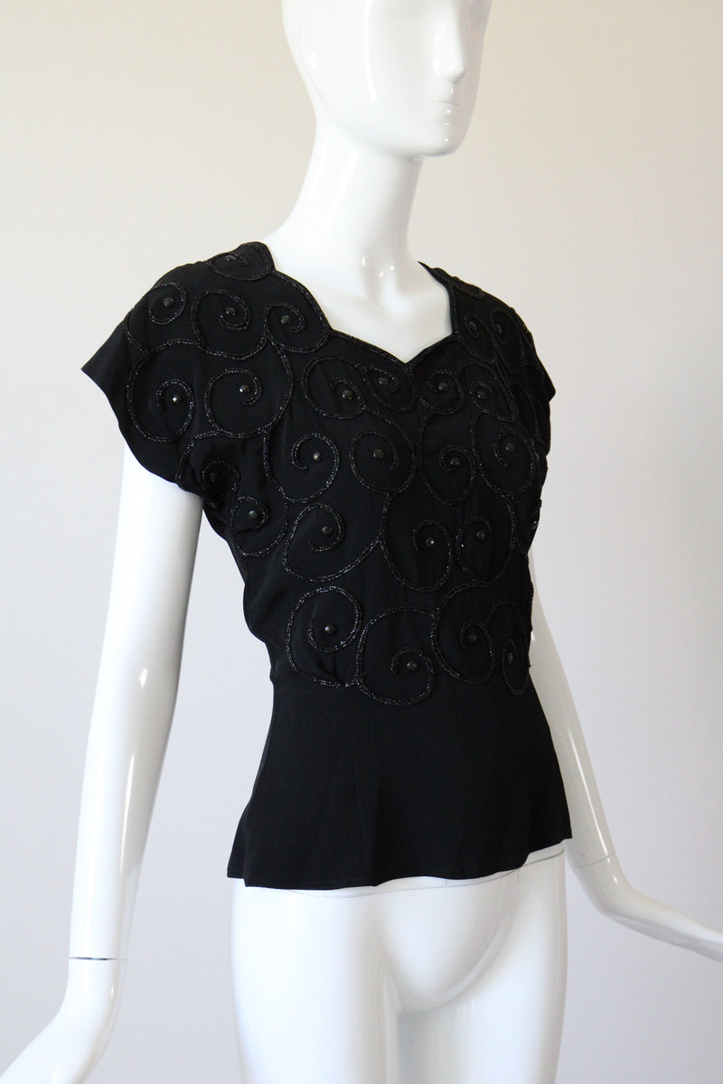 "Soutache & Studs" Vintage 1940's Black Soutache and Stud Embellished Blouse UK 10 US 6