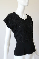 "Soutache & Studs" Vintage 1940's Black Soutache and Stud Embellished Blouse UK 10 US 6