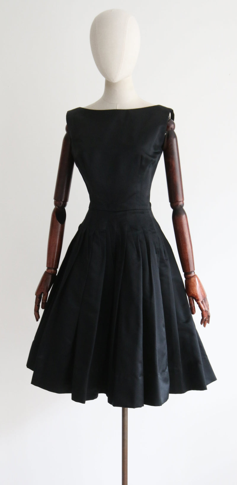 "Black Satin Seams" Vintage 1950's Black Satin Pointed Seam Dress UK 8 US 4