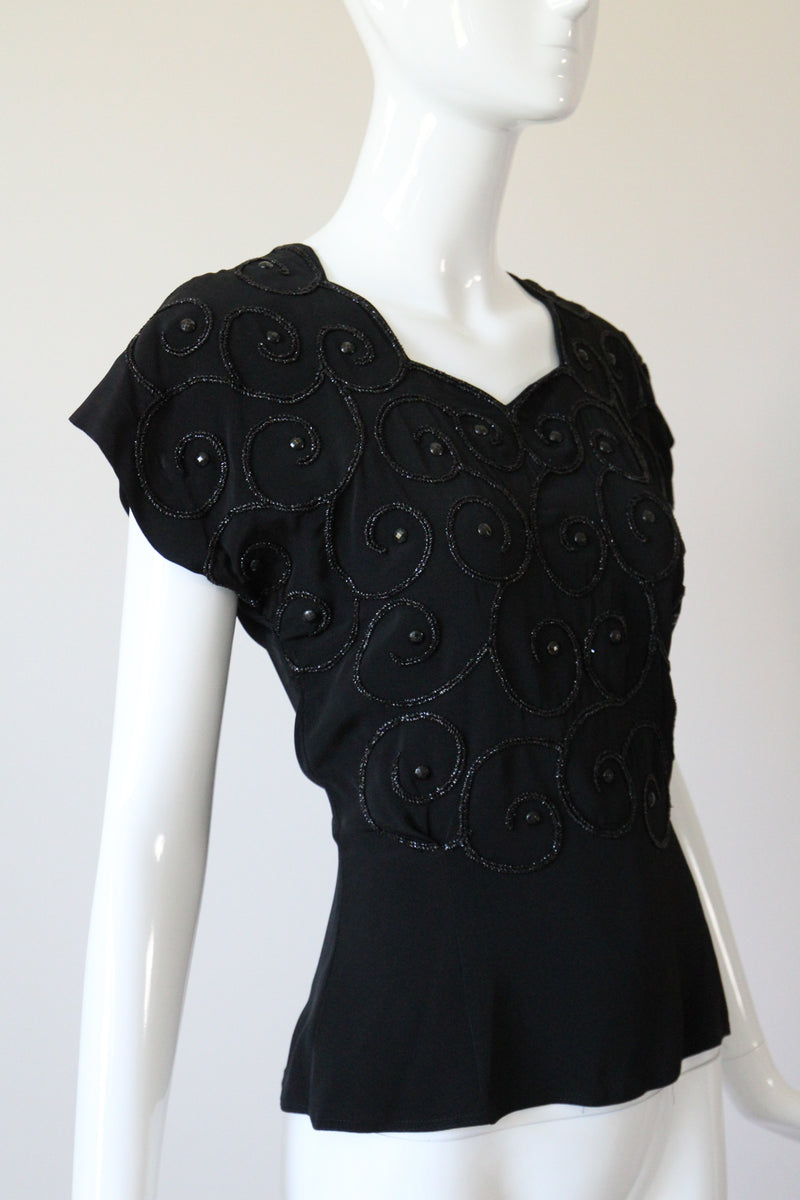 "Soutache & Studs" Vintage 1940's Black Soutache and Stud Embellished Blouse UK 10 US 6