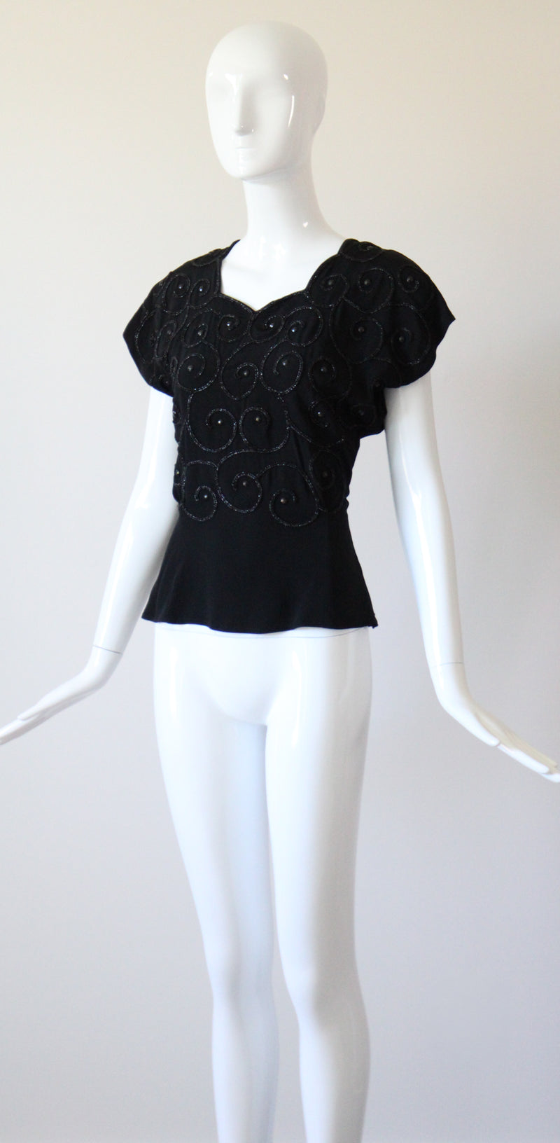 "Soutache & Studs" Vintage 1940's Black Soutache and Stud Embellished Blouse UK 10 US 6
