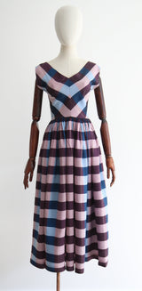 "Lilac Plaid" Vintage 1950's Lilac & Blue Plaid Taffeta Silk Dress UK 8 US 4