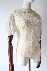 "Silk Floral Embroidery On Tulle" Antique Edwardian Silk Floral Embroidered Tulle Blouse UK 8-10 US 4-6