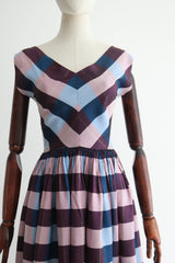 "Lilac Plaid" Vintage 1950's Lilac & Blue Plaid Taffeta Silk Dress UK 8 US 4