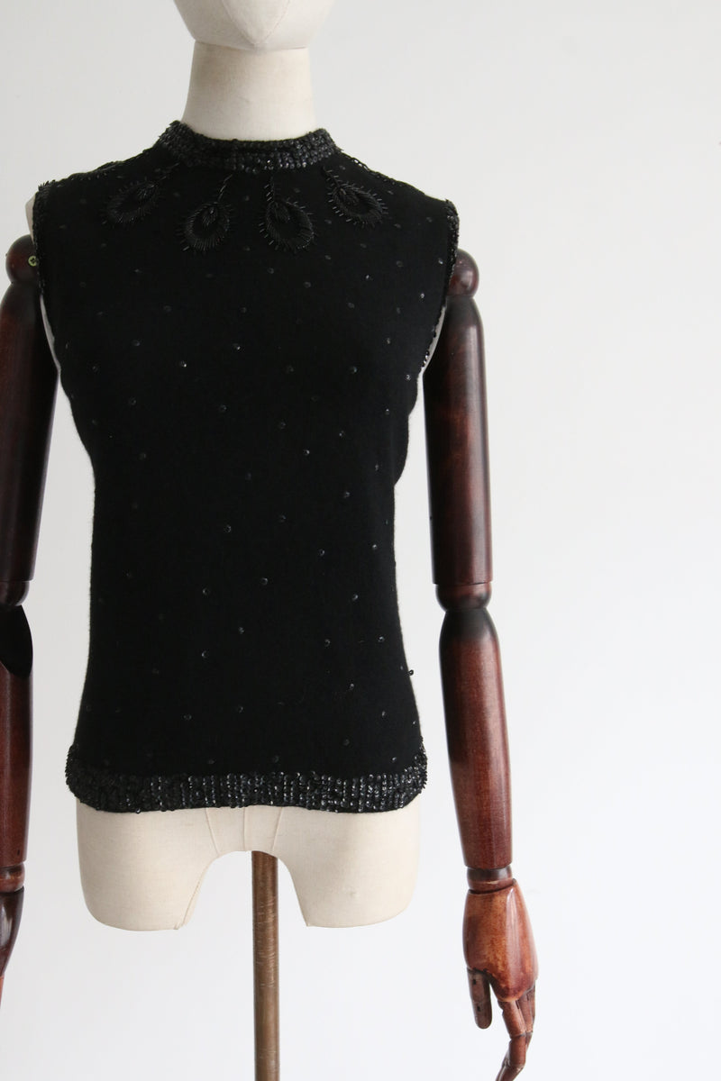 "Angora & Sequins" Vintage 1960's Black Angora Embellished Knitted Blouse UK 12-14 US 8-10