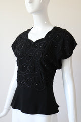 "Soutache & Studs" Vintage 1940's Black Soutache and Stud Embellished Blouse UK 10 US 6
