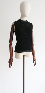 "Angora & Sequins" Vintage 1960's Black Angora Embellished Knitted Blouse UK 12-14 US 8-10